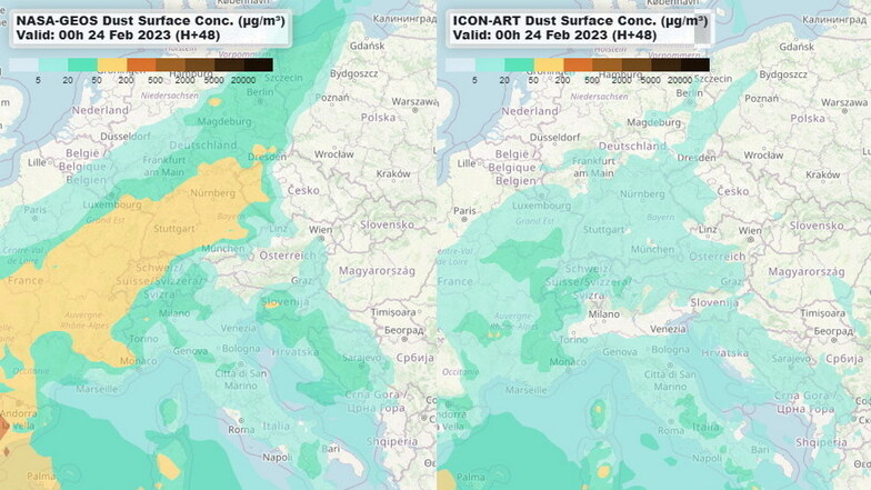 Satellitendaten und Wettermodelle haben eine Prognose gegeben, wann der Saharastaub bei uns ankommt und wie lange er bleibt. Hier die Vorhersage für Donnerstag 24 Uhr, links die Daten der Nasa, rechts des deutschen Modells.