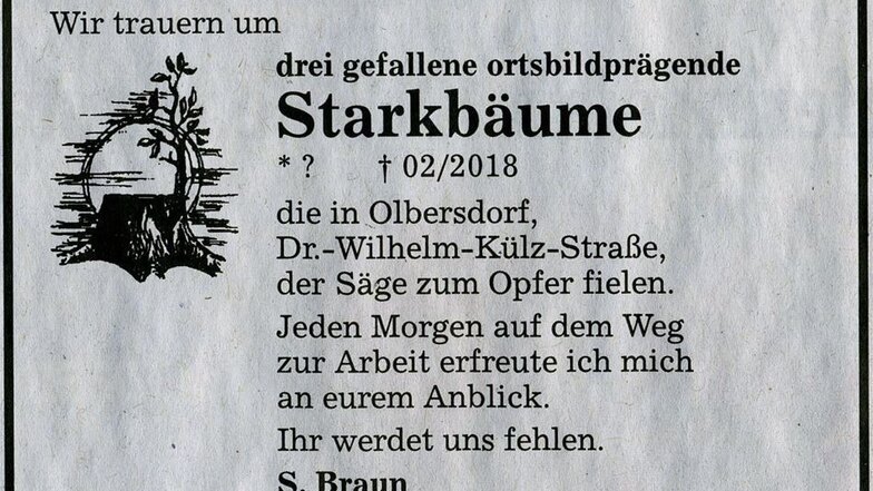 Mit dieser Zeitungsanzeige haben Steffi Braun und Ralf Richter auf den Verlust von drei Bäumen in Olbersdorf aufmerksam gemacht.
