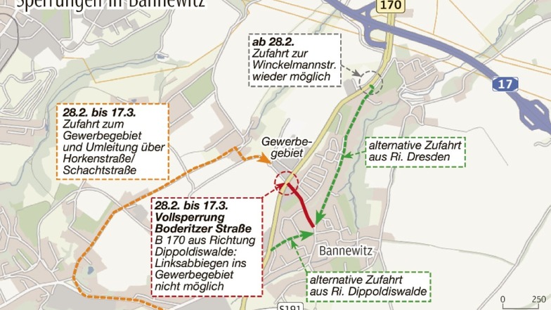 Wegen Sperrungen in Bannewitz gibt es für den Verkehr zum Teil weiträumige Umleitungen.