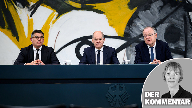 Bundeskanzler Olaf Scholz (M, SPD) nach der Ministerpräsidentenkonferenz mit Boris Rhein (l, CDU), Ministerpräsident von Hessen, und Stephan Weil (SPD), Ministerpräsident von Niedersachsen.