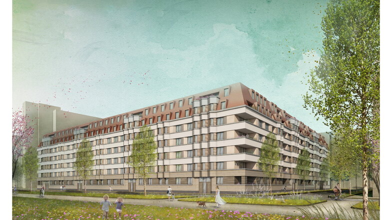 Wohnblock statt Hochhaus: So soll der Neubau am Käthe-Kollwitz-Ufer aussehen. Hier werden aber später nicht nur Sozialwohnungen vermietet.