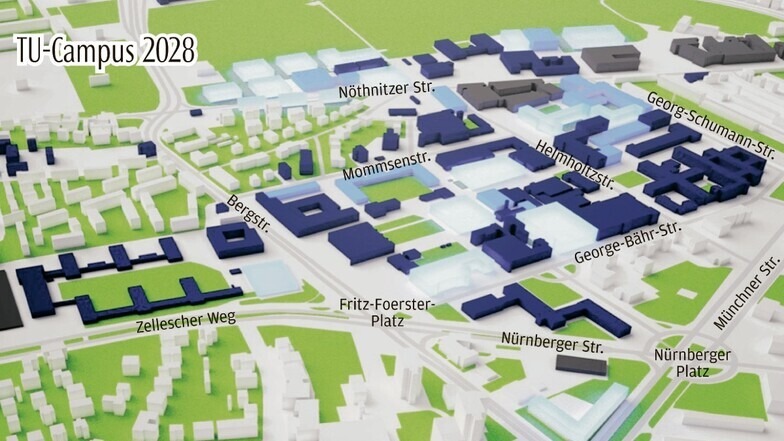 Bis 2028 ist die Uni an vielen Stellen eine Baustelle. Was hier noch hellblau erscheint, soll bis dahin fertig sein. Weitere Gebäude kommen zudem noch am Medizin-Campus dazu.