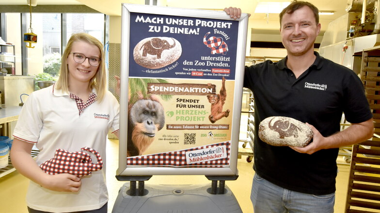Robert Meyer, der Chef der Mühlenbäckerei in Ottendorf-Okrilla, spendet für die Orang-Utans im Dresdner Zoo. Jedes verkaufte Fantotti-Brot bringt 10 Cent Spendenerlös. Mit dabei BWL Studentin Claudia Reichert.
