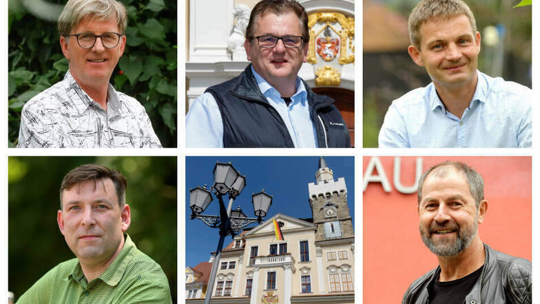 Die fünf bisherigen Löbauer OB-Kandidaten Heiko Neumann, Hajo Exner, Ringo Hensel, Dirk Rocho und Albrecht Gubsch (v.l.o.n.r.u.). Einer hat seine Kandidatur zurückgezogen.