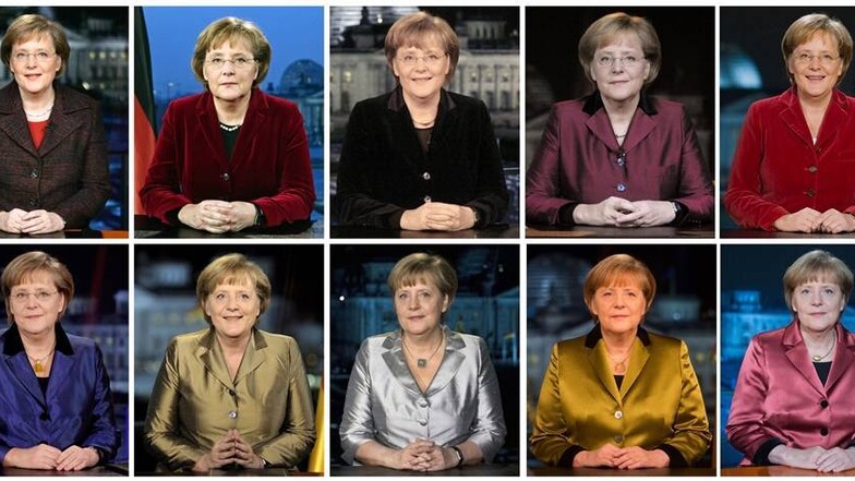 Farbenfroh: Bundeskanzlerin Angela Merkel (CDU) bei ihren 10 Neujahrsansprachen in den Jahren 2005 - 2009 (obere Reihe v.l) und 2010 - 2014 (untere Reihe v.l).