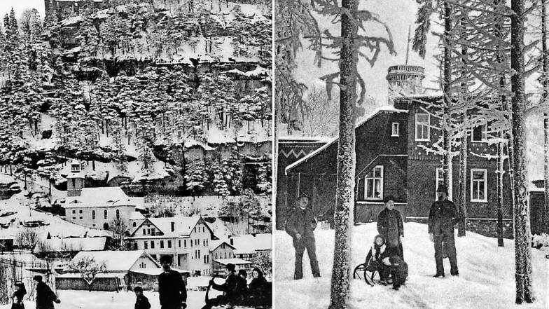 Links: Stimmungsvolle Oybiner Rodelszene aus dem frühen 20. Jahrhundert. Rechts: Die tief verschneite Kottmarbergbaude bei Walddorf war beliebtes Winterausflugsziel.