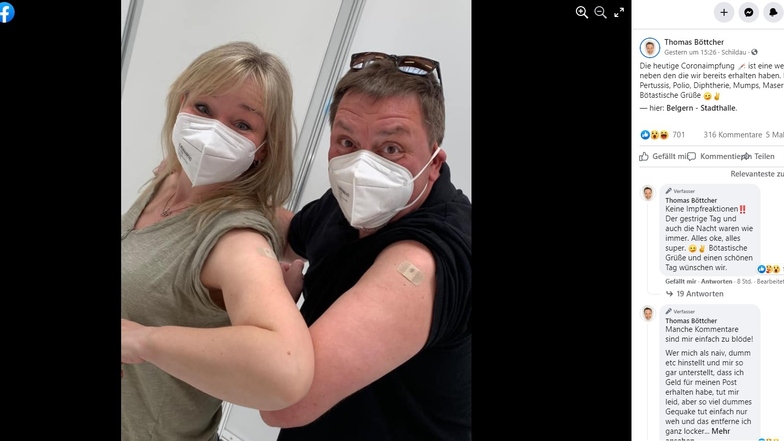 Thomas und Nancy Böttcher haben sich impfen lassen und davon ein Foto bei Facebook veröffentlicht.