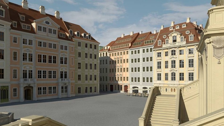 Die Visualisierung zeigt den Blick von der Freitreppe des Johanneums in Richtung Residenzschloss, wie er nach Meinung der Gesellschaft historischer Neumarkt Dresden aussehen sollte.