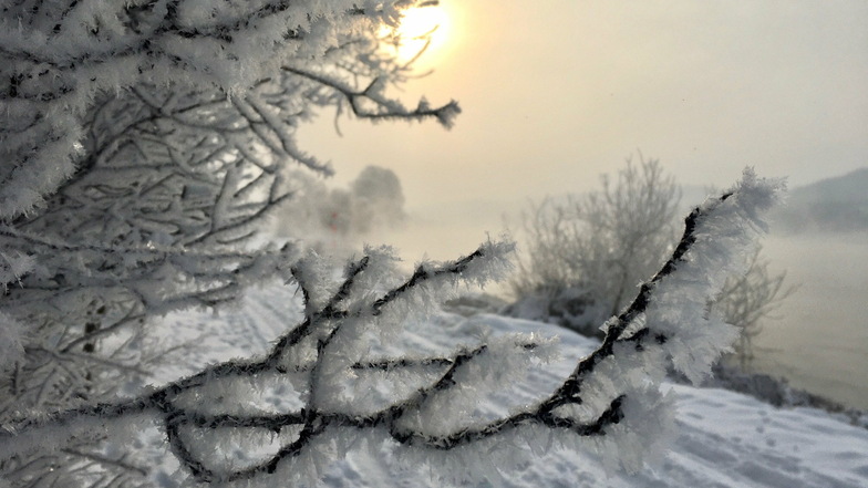 Die Eiseskälte ist im Foto beinahe zu greifen. Frostnebel zieht in den Morgenstunden vom Mittwoch über die Elbe. Im Tal gab es Temperaturen von fast minus 20 Grad.