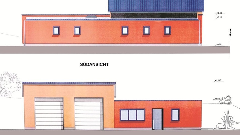 Die neue Rettungswache, die im Ortsteil Altbernsdorf gebaut wird. Unten die Straßenansicht des Gebäudes, das neben dem Feuerwehrhaus entsteht. Grafik: Ingenieurbüro Noack