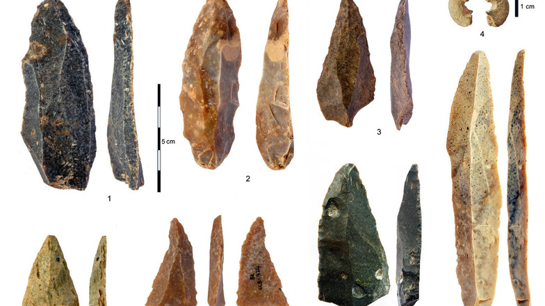 Steinartefakte aus dem frühen Jungpaläolithikum (IUP) aus der Bacho-Kiro-Höhle: 1-3, 5-7 spitze Klingen und Fragmente; 4 Sandsteinperle, deren Gestalt Knochenperlen ähnelt; 8 die längste vollständige Klinge.