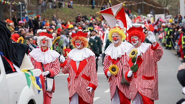 An diesem Sonntag werden weder diese Clowns noch andere Narren durch die Schirgiswalder Straßen ziehen. Vor dem Bildschirmen findet der Umzug aber statt.