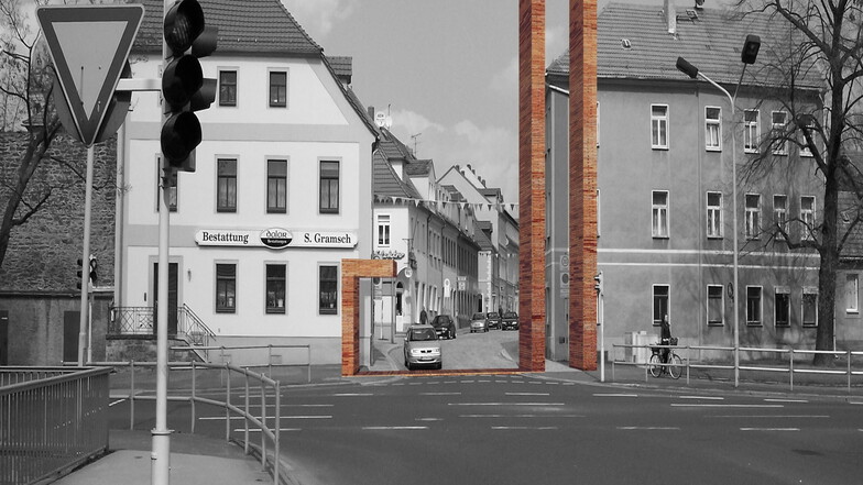 Die Fotomontage der Dresdner Architekten-Gemeinschaft Pussert und Kosch zeigt, wie ein neues Dresdner Tor den südlichen Eingang zur Großenhainer Innenstadt markieren sollte.