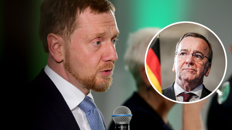 Sachsens Ministerpräsident Michael Kretschmer (CDU) hat Bundesverteidigungsminister Boris Pistorius (SPD, kl. Foto) für seine Wortwahl im Zusammenhang mit dem Ukraine-Krieg kritisiert.