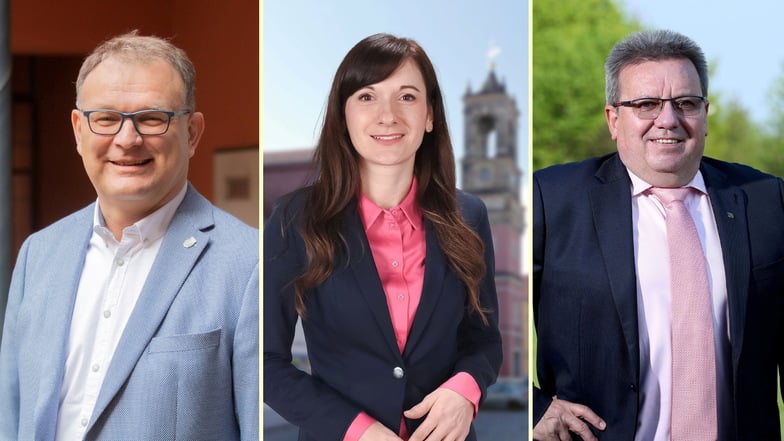 Diese drei Kandidaten treten zur Bürgermeisterwahl in Königsbrück an: Amtsinhaber Heiko Driesnack (CDU, l.), Anne Richter (Initiative Lebendiges Königsbrück/Freie Wähler Königsbrück) und Wolfgang Gut (Einzelbewerber).