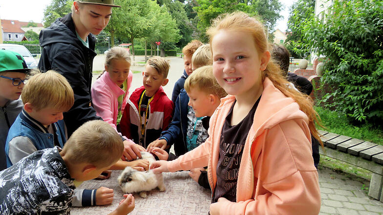 Die Kaninchen und Tauben von Harald Jordan und Enkelsohn Niclas waren beim Haustiertag der Grundschule „Am Park“ von Streichelwilligen umringt.