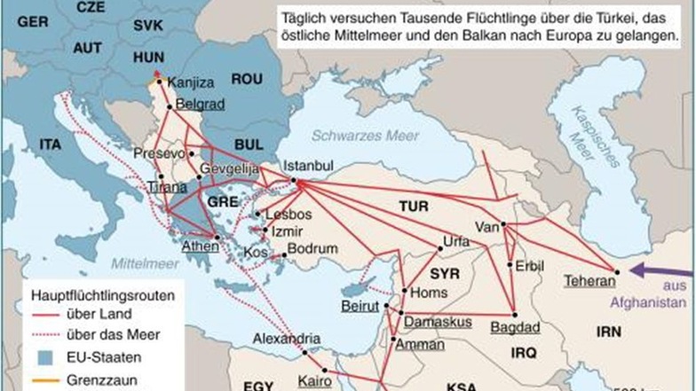 Flüchtlingsrouten über die Türkei, Griechenland und den Balkan in die EU.