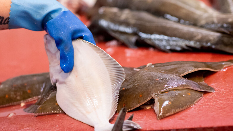 Eine Mitarbeiterin zerlegt eine Scholle bei einem Großhändler im Fischmarkt in Hamburg Altona.