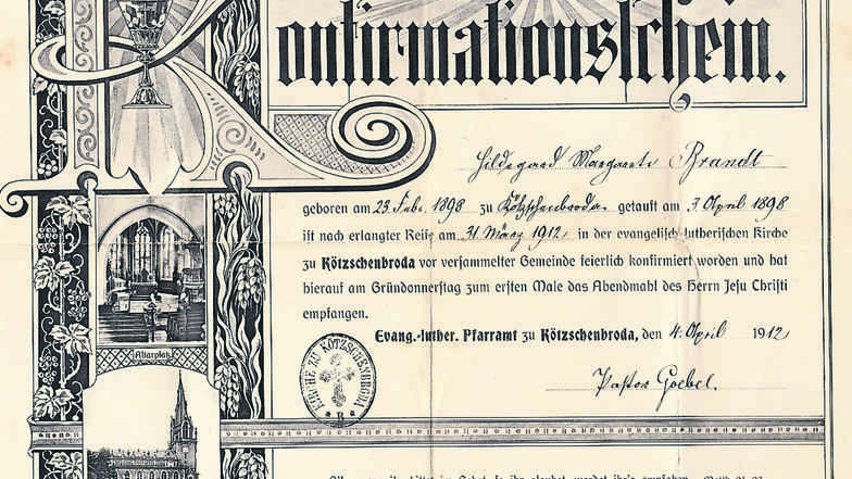 Der Konfirmationsschein von Hildegard Margarete Brandt wurde am 4. April 1912 in Kötzschenbroda ausgestellt. Dieses Dokument, Fotos und Briefe würde der Holländer Koos Rijnsburger gerne an ihre Nachkommen übergeben.