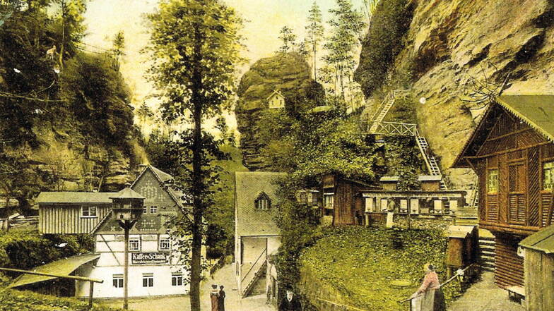 Die "Kuchenschänke" des Gustav Ebert auf einer Postkarte der Jahrhundertwende. Man erkennt Aussichtsterrassen und ganz rechts die Jägerklause.