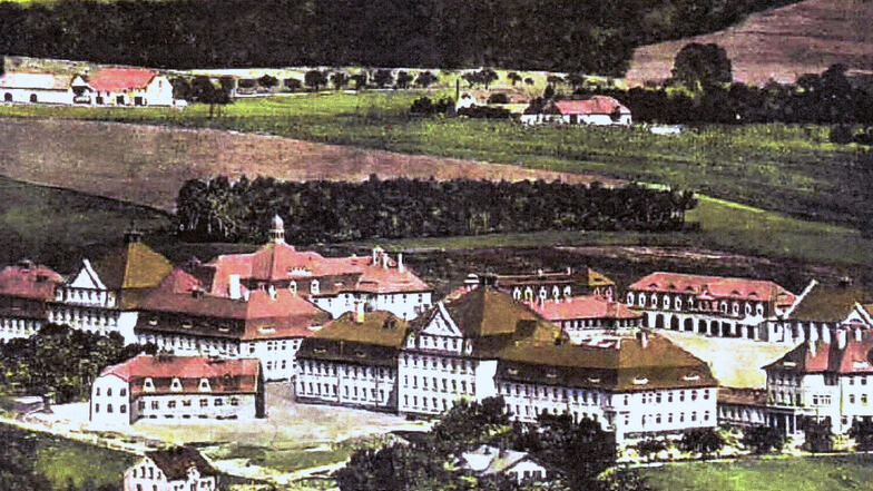 Blick auf die Löbauer Jägerkaserne, die auf dem Areal des ehemaligen Rittergutes Körbigsdorf errichtet wurde. Die Postkartenansicht entstand 1914.