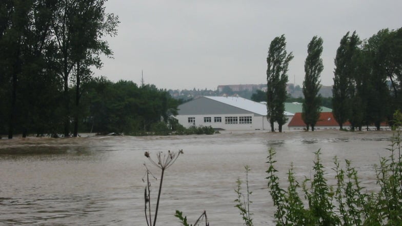 Blick über eine Wasserfläche zum WelWel. Die Mulde stand 1,70 Meter hoch in dem Neubau.