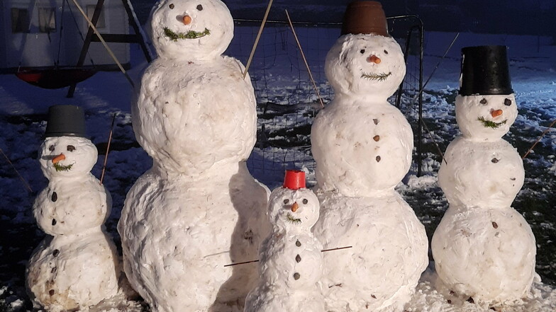 Valentin (6 Jahre), Lenya (12) und Belinda (3) Busch aus Waldheim haben gemeinsam mit ihren Eltern diese Schneemannfamilie gebaut.