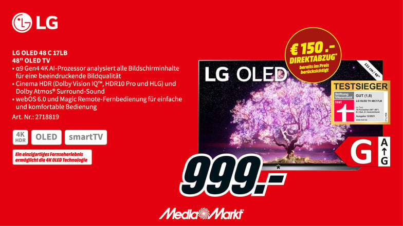 Testsieger zum Knallerpreis: dieser 48-Zoll-OLED-TV von LG überzeugt mit 4K-Auflösung und webOS 6.0 für nur 999€.
