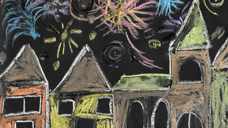Das Bild von Sanni Rappich von der Diesterwegschule Geringswalde ist mit Zuckerkreide entstanden. Die Achtjährige malte den „Silvesterhimmel in meinen Träumen“.