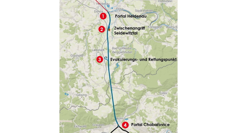 Neubaustrecke Dresden-Prag: Streckenverlauf des Erzgebirgstunnels von Heidenau bis Chabařovice.