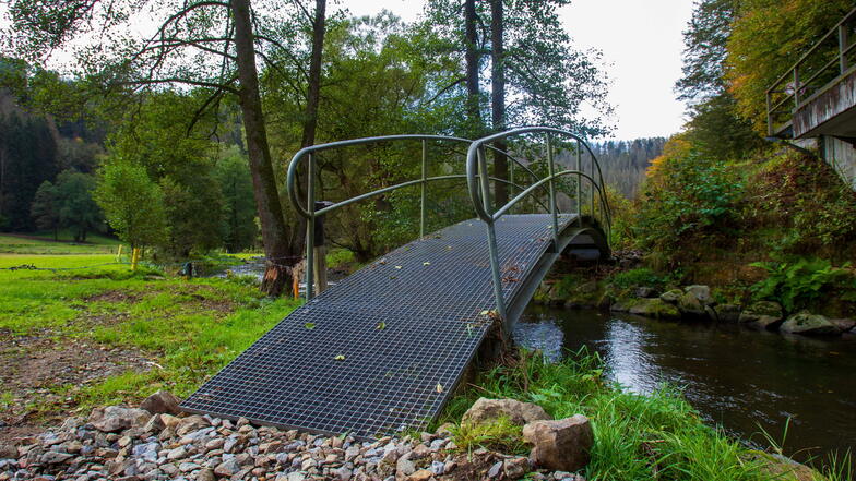 Notdürftig wurde der Zugang zu dieser Brücke am Wanderweg im Sebnitztal wiederhergestellt.