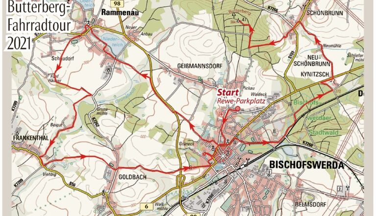 In diesem Jahr führt die Butterberg-Fahrradtour vom Rewe-Parkplatz über Rammenau, Frankenthal, Goldbach, Kynitzsch und Neu-Schönbrunn auf den Butterberg.