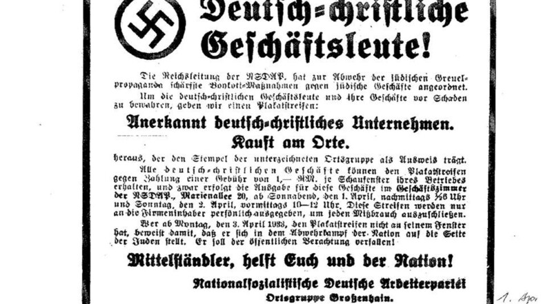 Diese Anzeige der NSDAP-Ortsgruppe veröffentlichte das Großenhainer Tageblatt schon am 1. April 1933.