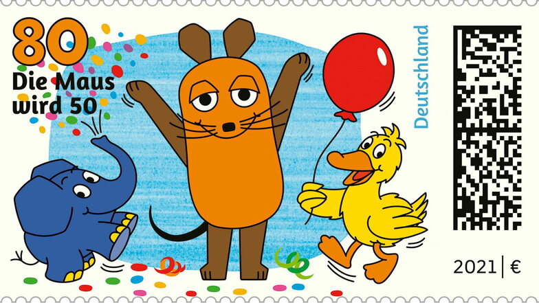 Die Briefmarke "Sendung mit der Maus" mit der Maus, dem Elefanten und der Ente wurde zur schönsten Briefmarke des Jahres 2021 gewählt.