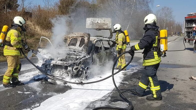 Die Feuerwehrleute konnten nur noch den Brand löschen, nicht aber das Auto retten.