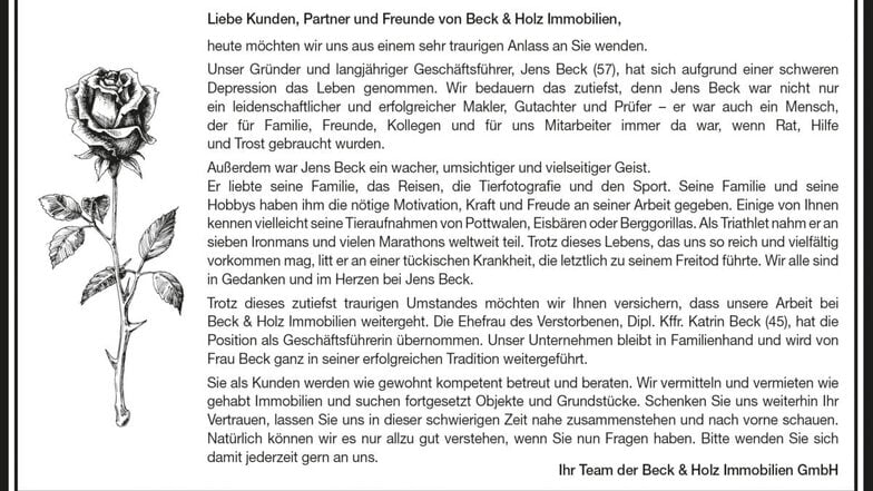 Mit dieser Anzeige informiert die Firma Beck & Holz Immobilien GmbH über den Tod ihres Gründers. Seine Frau führt nun die Geschäfte fort.