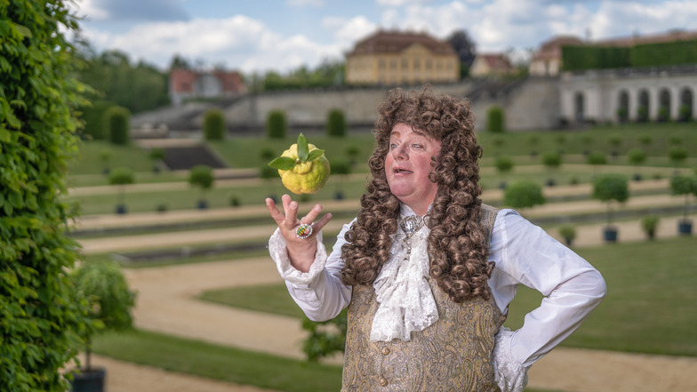 Diese olle Zitrone hat noch ziemlich viel Saft! August der Starke, vor 350 Jahren geboren, hier von Schauspieler Steffen Urban verkörpert, versucht sich als Südfruchtjongleur im Barockgarten Großsedlitz.