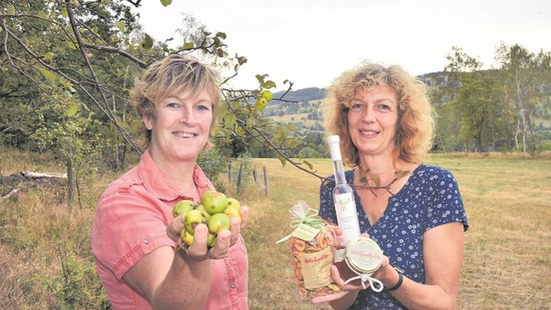 Anke Proft (li.) und Simone Heinz vor einem Baum auf der Sachsenhöhe bei Bärenstein mit einer Handvoll Wildäpfel und Produkten, die sie daraus herstellen. Getrocknet geben die kleinen Äpfel einen Tee, der viel Vitamin C enthält, Gelee oder sogar einen Obs