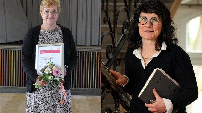 Kerstin Wilde, Leiterin der Oberschule Lichtenau (rechts) und Martina Kilian, Leiterin der Oberschule Brand-Erbisdorf, sind mit der „Silbernen Ehrennadel Schulwirtschaft“ ausgezeichnet worden.