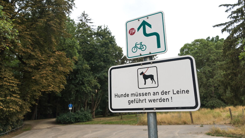 Schilder mit Hinweis auf die Anleinpflicht, wie hier am Stadtpark, gibt es an mehreren Stellen in Riesa. Die Stadt plant weitere Beschilderungen.