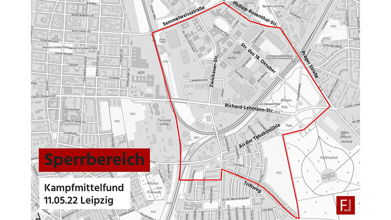 The following parts of the city of Leipzig have been declared a restricted area by the fire brigade.  They will be evacuated in the afternoon.