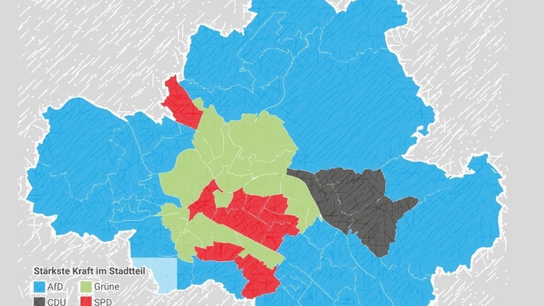 Blaue Ränder, grün-rotes Zentrum: So haben die Dresdner in den einzelnen Stadtteilen gewählt.