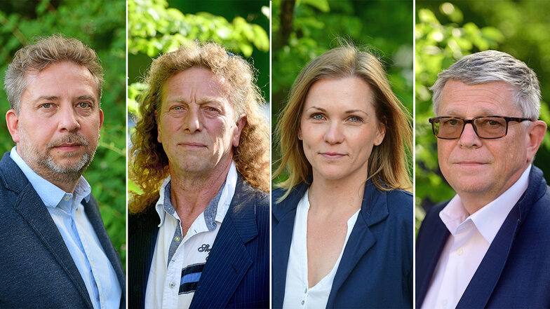 Sie treten bei der Bürgermeisterwahl am 13. August in Seifhennersdorf an (von links): Nico Richter
(UBS), Rüdiger Horn (Einzelkandidat), Mandy Gubsch (GfS), Thomas Oertner (Einzelkandidat).
