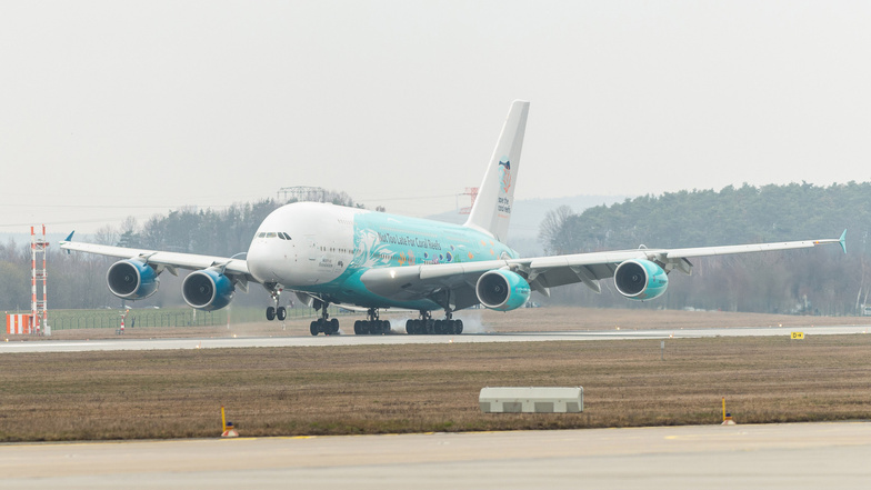 Der Airbus A380 trägt die Sonderlackierung einer gemeinnützigen Organisation, die sich für den Umweltschutz einsetzt.