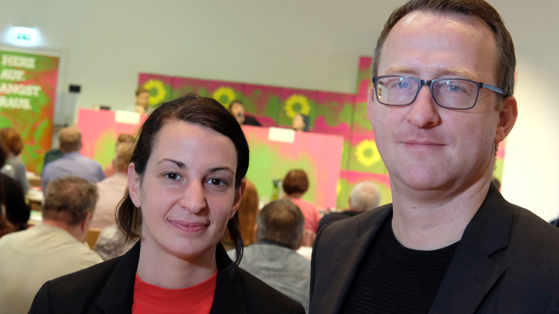 Christin Melcher und Norman Volger, Vorsitzende der sächsischen Grünen, auf der Landesversammlung ihrer Partei in Leipzig.