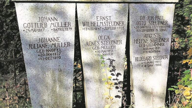 So sah das Leutersdorfer Familiengrab im Jahre 2017 aus. Auf dem dreiteiligen markanten Stein des Sebnitzer Bildhauers Naumann finden sich rechts die Lebensdaten Otto Steudners, seiner Ehefrau Helene und seiner Tochter Helga (Bild links).