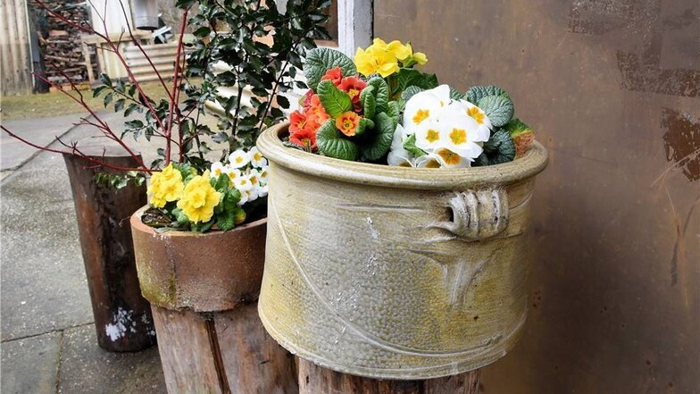 Frühlingsblumen in einer dekorativen Keramik aus der Töpferei von Kathrin Najorka in Krauschwitz.