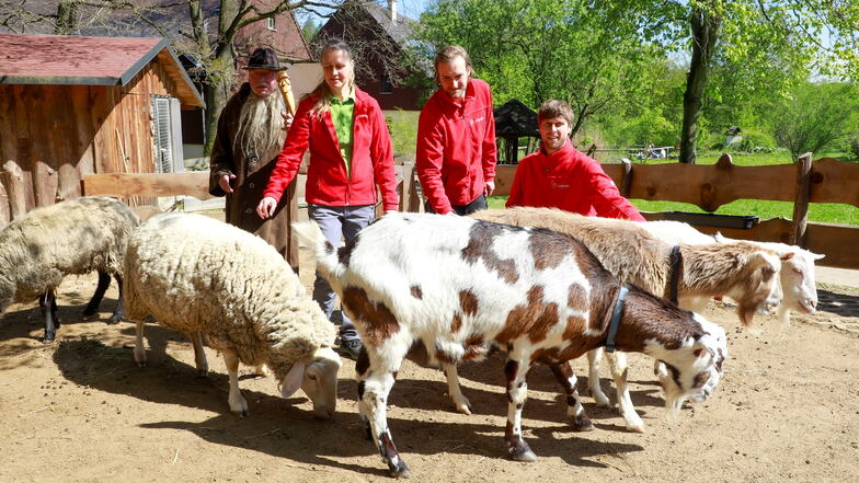 Gert Linke in Gestalt von Schäfer Jonas kann sich auf die gute Betreuung seiner Schafe und Ziegen durch Jana Josewski, Kurt Arnold und Paul Bilz im Eurohof Hainewalde verlassen (von links).