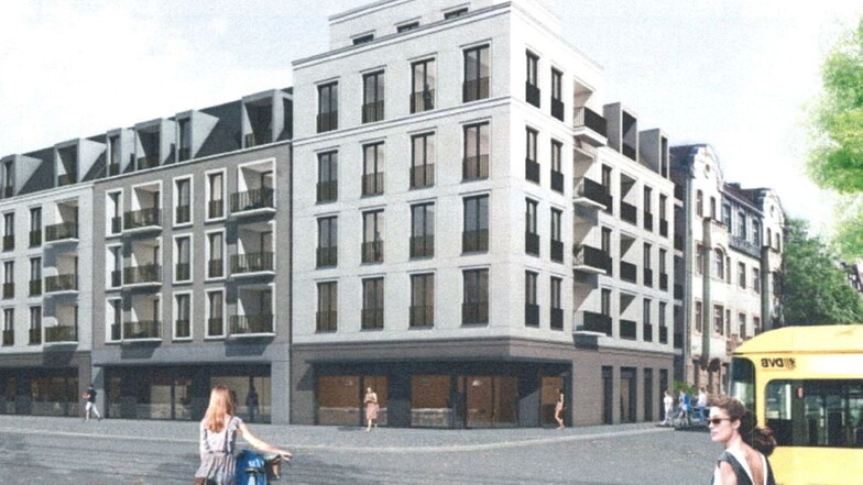 So soll das neue Wohnhaus aussehen, das bis Mitte 2024 an der Ecke von Königsbrücker und Katharinenstraße gebaut wird.