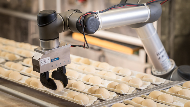 Ein Roboterarm sortiert in einer Görlitzer Bäckerei Brötchen: Das Start-up Wandelbots ermöglicht es, dass jedermann Industrieroboter benutzen kann, auch wenn er nicht programmieren kann.